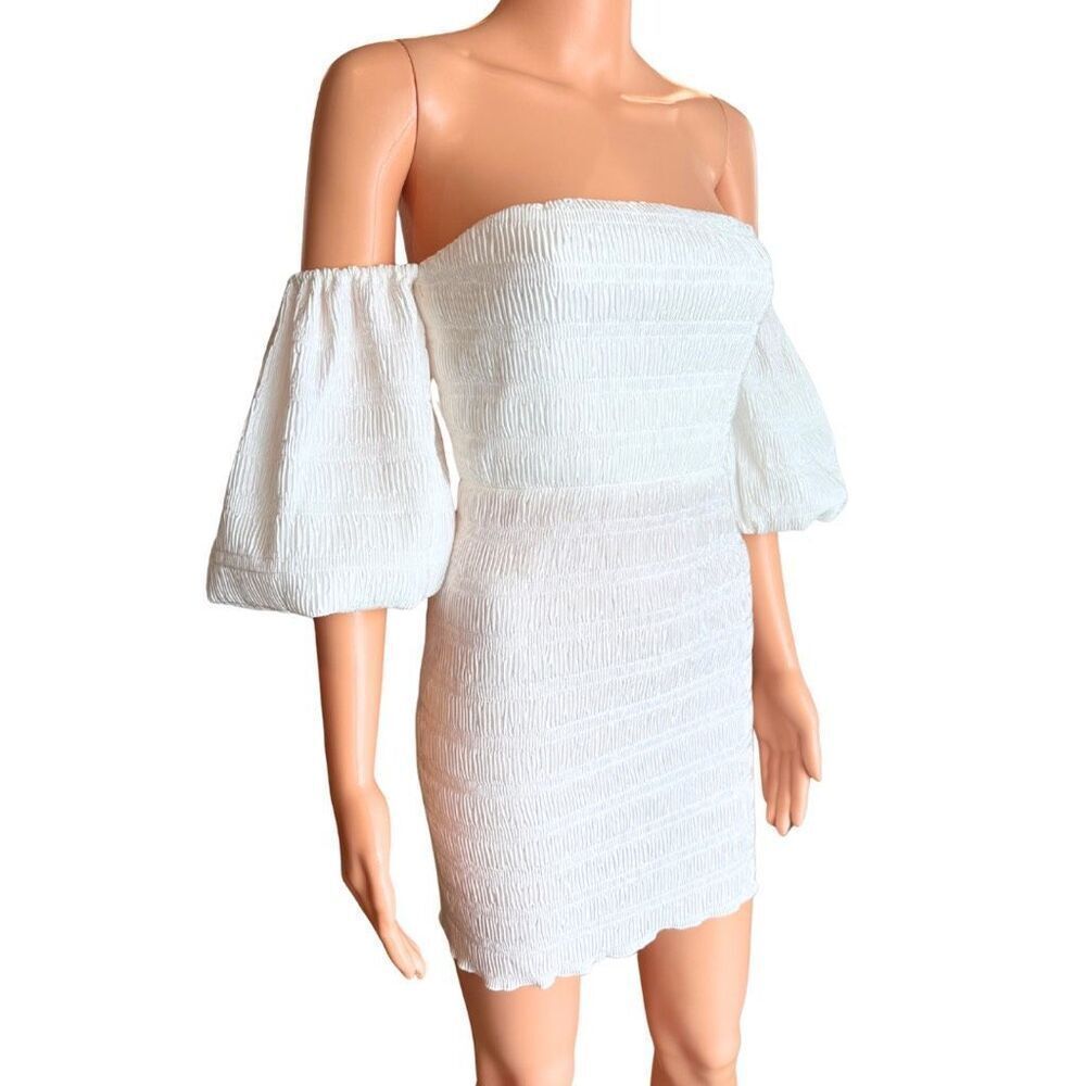 Nwt L'idee Art Deco White Pleated Off Shoulder Puff Sleeve Mini Dress 8 Smocked — image 6 of 8